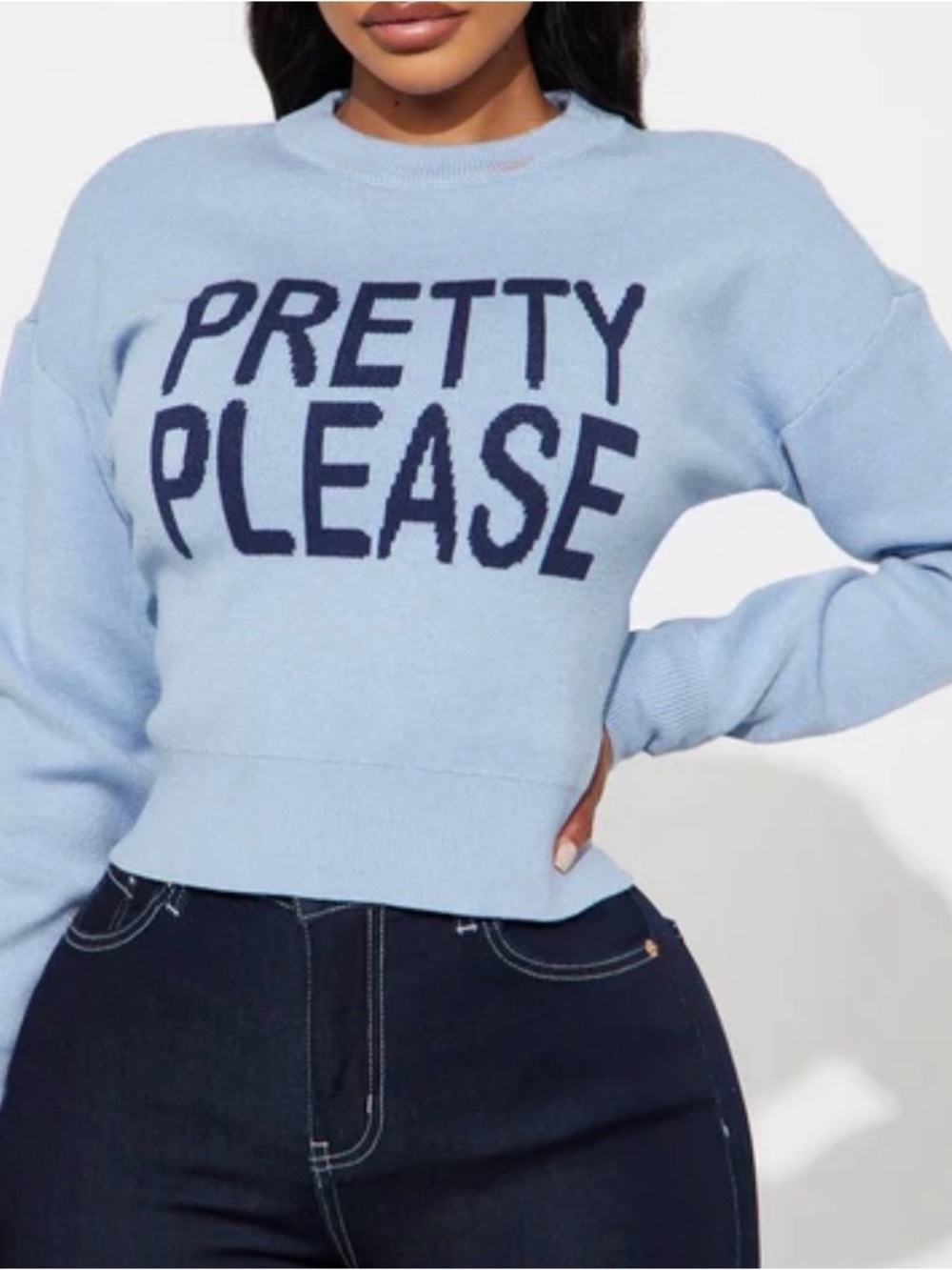 Fashion Nova Light Blue 'Pretty Please' Crewneck Sweater